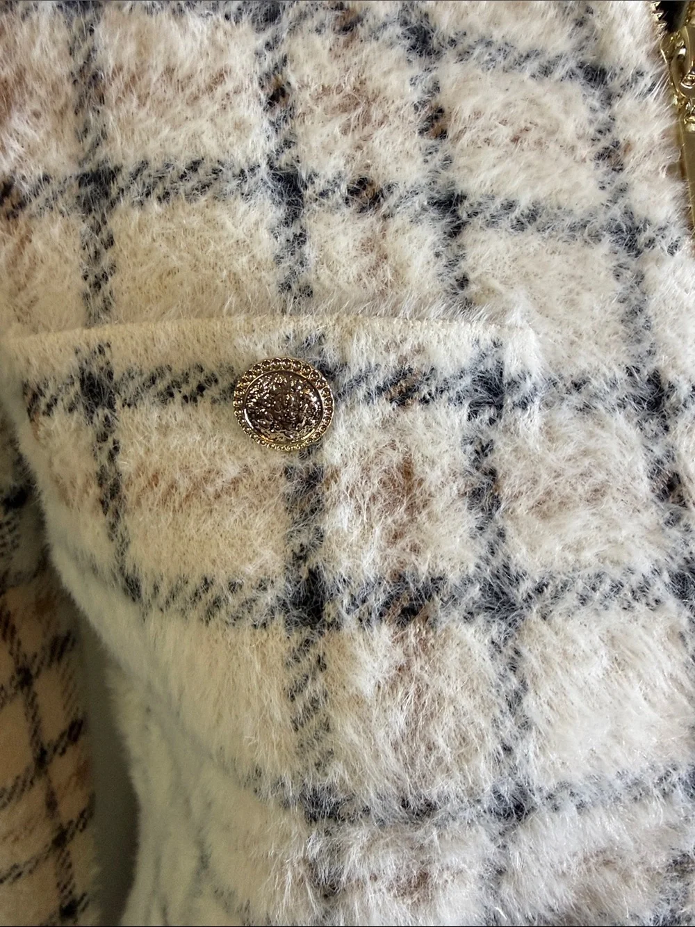 Tahari Cream Plaid Zip-Front Fuzzy Eyelash Sweater Jacket Sz M NWOT